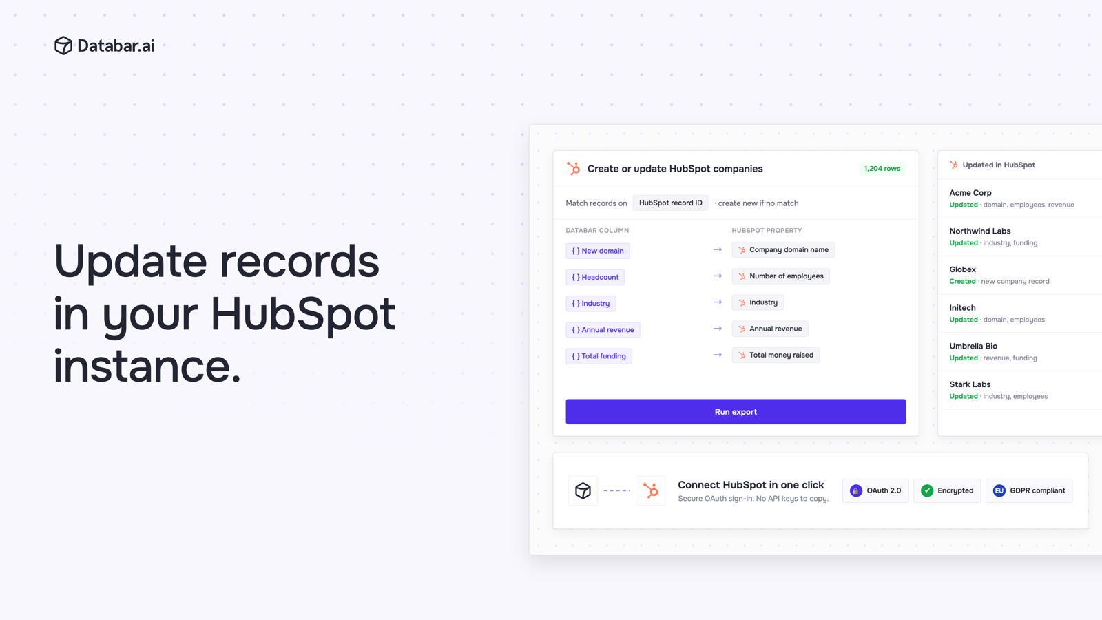 Databar export updating HubSpot company records